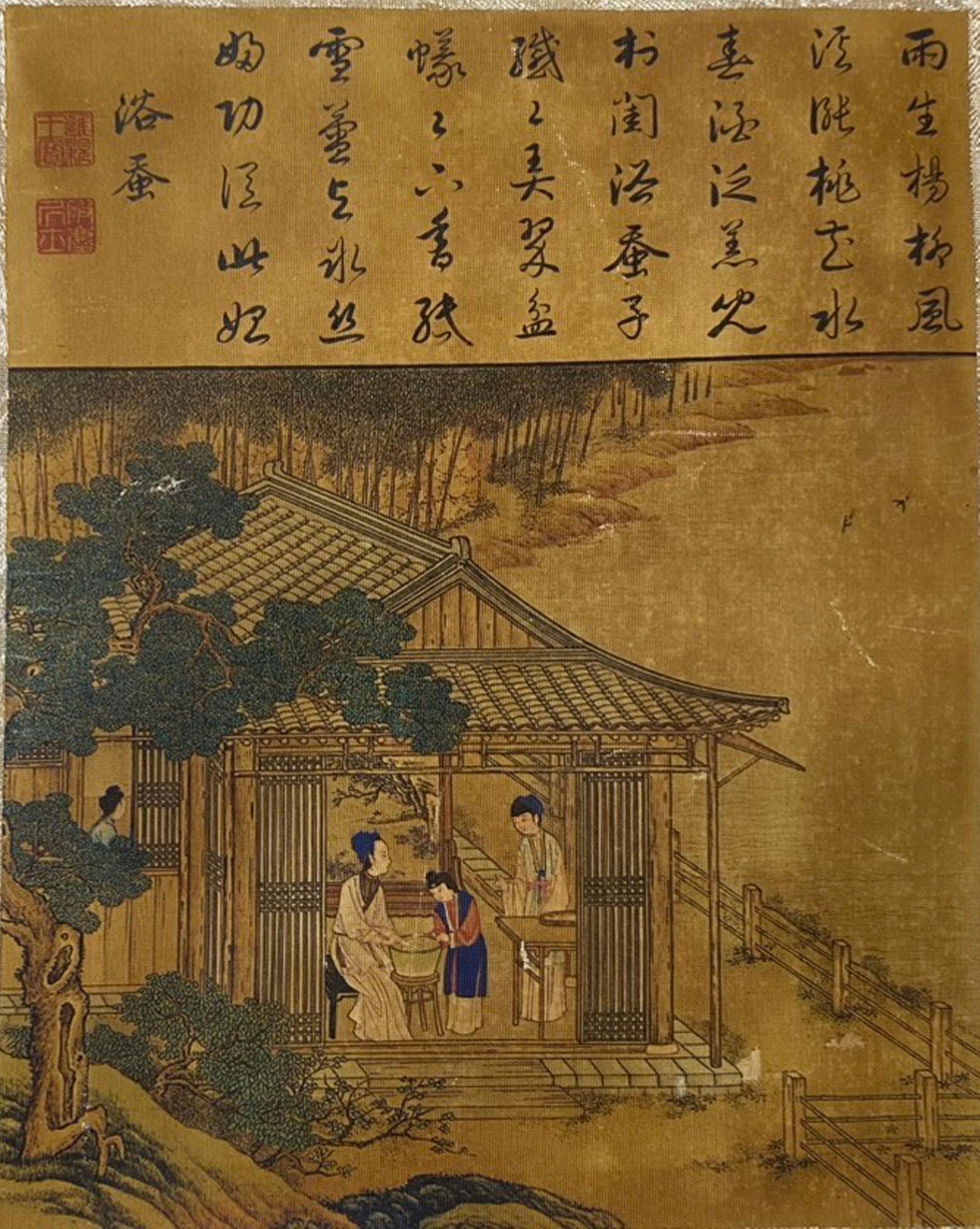 A Chinese Ink and Color Fabric Art Print of Silkworm Farming Scene, 20th Century, 90FJ: Produced using dye and pigment printing on aged woven fabric (likely linen or silk blend), this work is an art print executed in the traditional Chinese narrative painting idiom. The composition depic