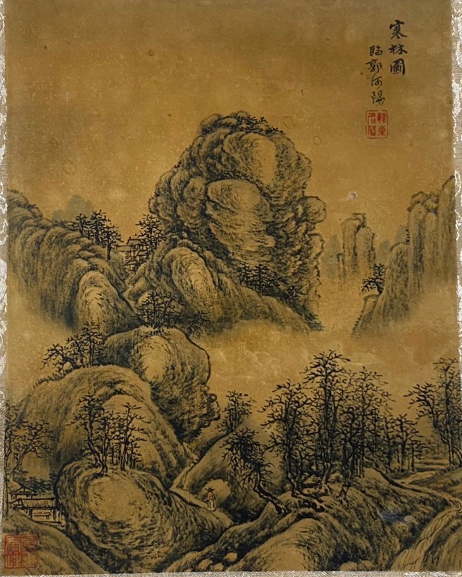 A Chinese Ink and Color Textile Print, Winter Forest, 20th Century, 36FK (1 of 2)