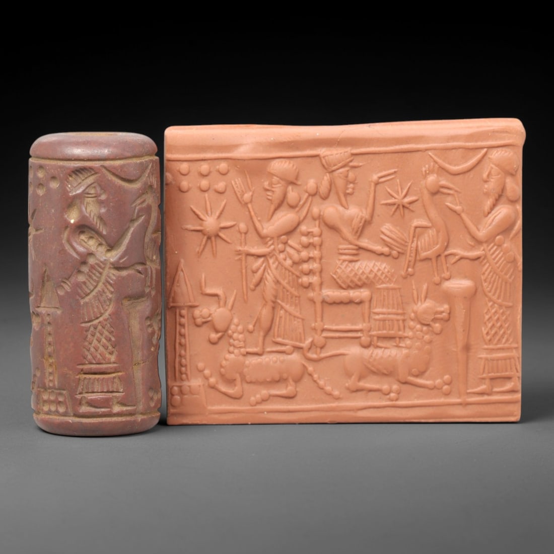 Ancient Steatite Cylinder Seal - Mesopotamian Royal Assembly & Mythical Beast Scene, 5ZP: Carved from rich, reddish-brown steatite, this ancient Mesopotamian cylinder seal depicts a formal royal assembly scene, executed with meticulous glyptic craftsmanship characteristic of the Neo-Assyri