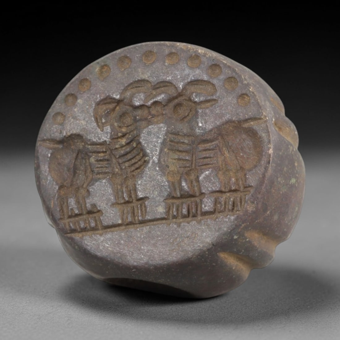 Ancient Steatite Stamp Seal - Sasanian Three Rams, 55AK: Carved from steatite, this hemispherical Sasanian stamp seal features a central composition of three stylized rams beneath a border of circular dots, with incised details defining their curved horns,
