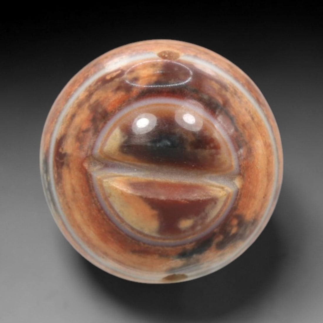 Antique Agate Eye Bead - Central Asian Dzi-Style Gemstone Pendant, 1ZW: Carved from banded agate with warm tan, reddish-brown, and creamy white concentric striping, this bead features a prominent natural "double-eye" motif formed by the stone's unique geological banding.