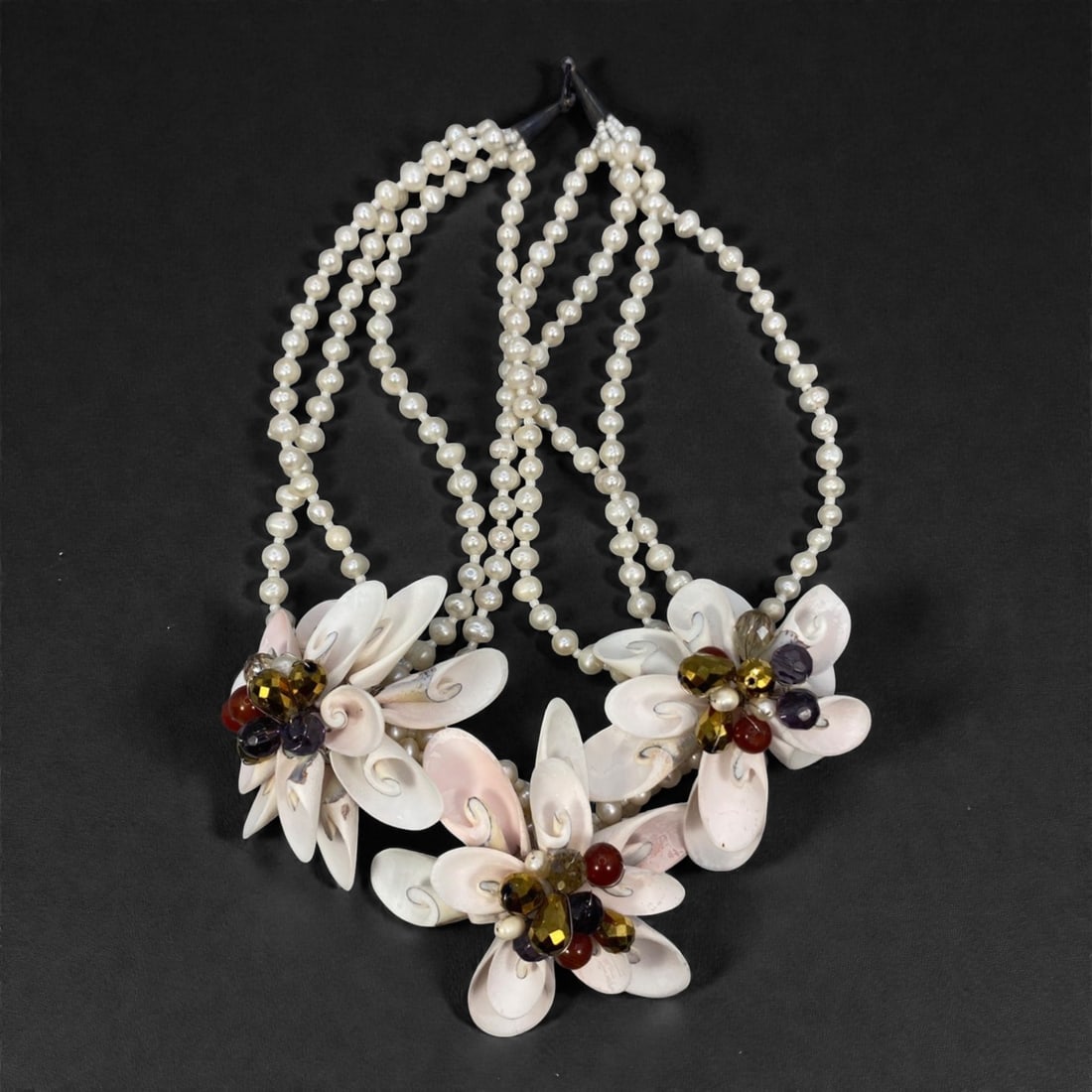 A Multi-Strand Shell and Natural Pearl Floral Necklace, Late 20th Century, 64FK (1 of 1)