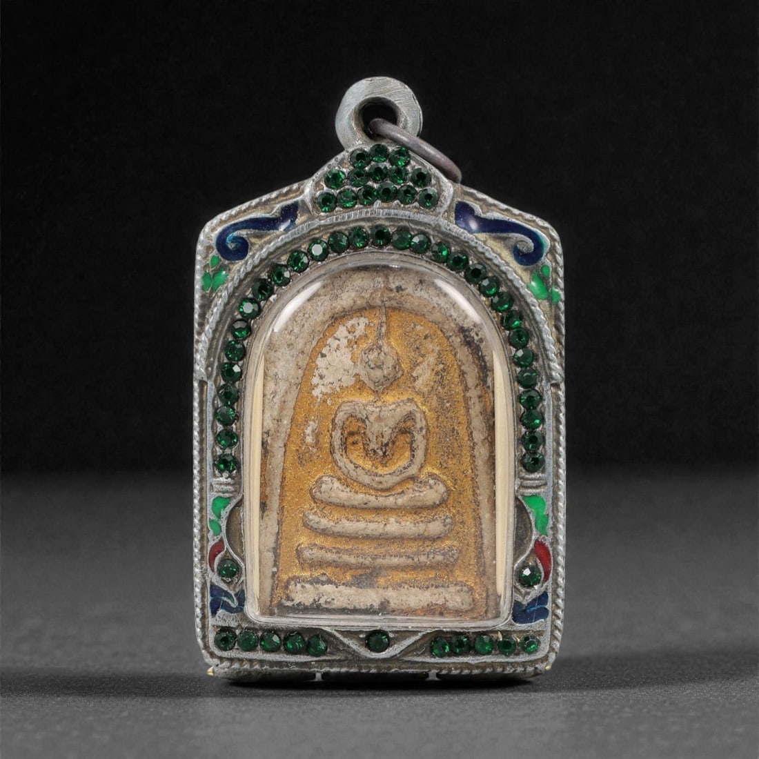 A Thai Clay Buddha Amulet in Enameled and Jeweled Metal Case, 20th Century, 37ZH (1 of 2)