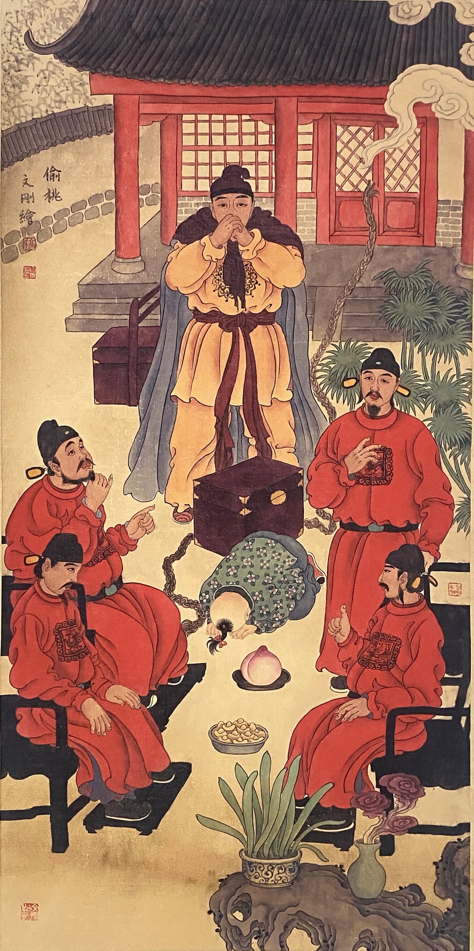 A Chinese Ink and Color Art Print of Stealing the Peach, 20th Century, 22FK: Produced using fine art printing processes on aged paper stock, the work is an ink and color art print depicting the historical narrative scene Stealing the Peach. The composition centers on a bound f