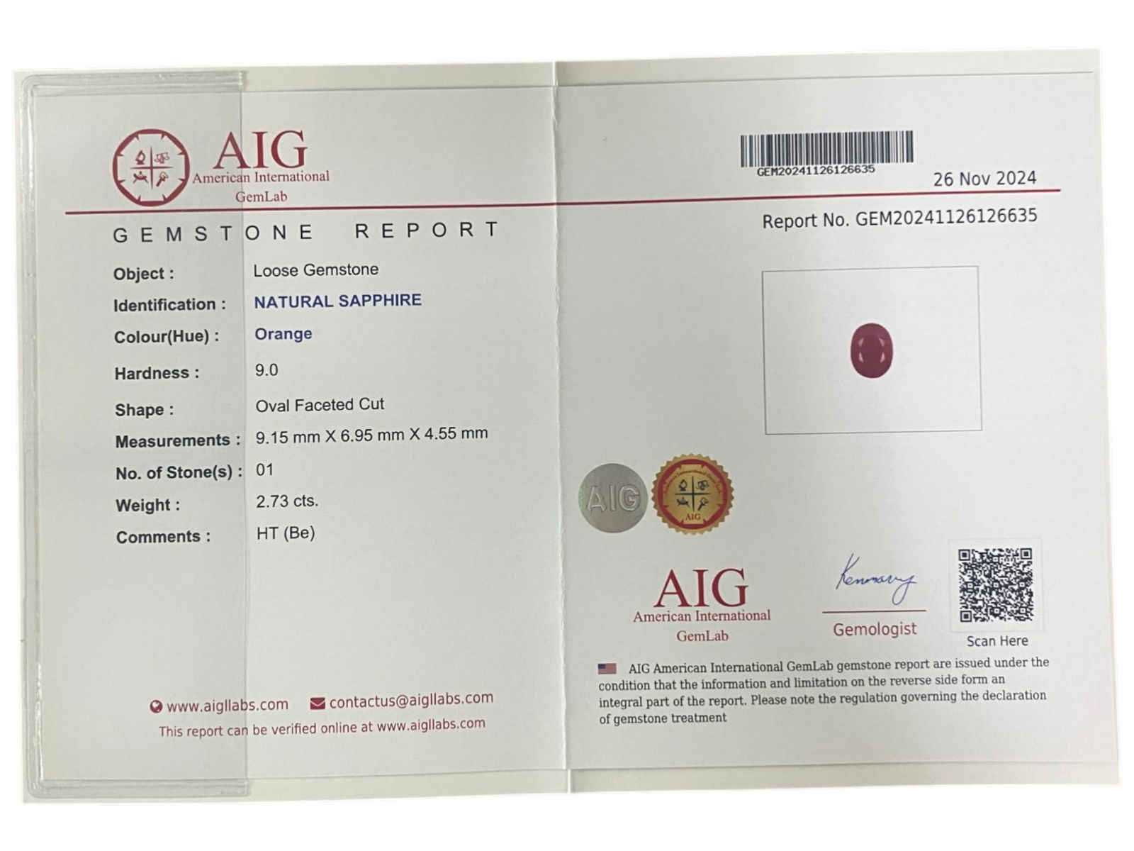2.73 Carats Certified Vivid Orange Sapphire - Natural Ceylon Gemstone, LZ111 (1 of 2)