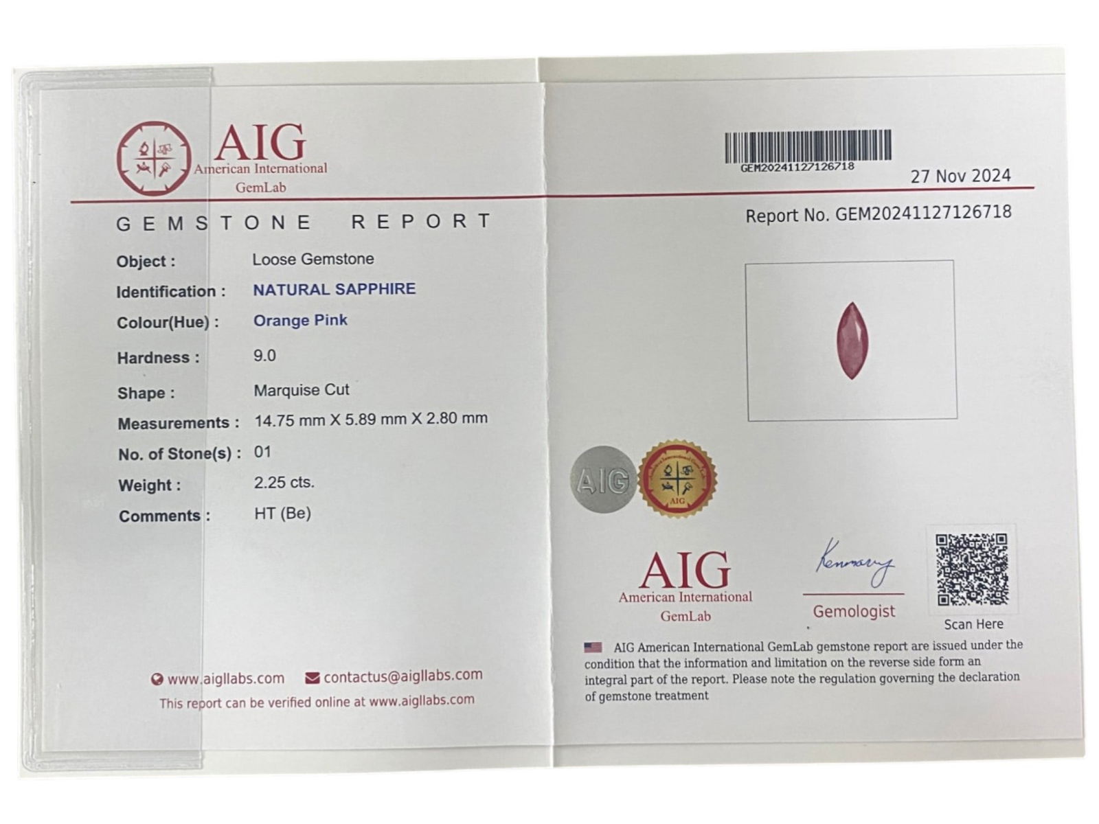 2.25 Carats Certified Orange Pink Sapphire - Natural Ceylon Gemstone, LZ114 (1 of 2)