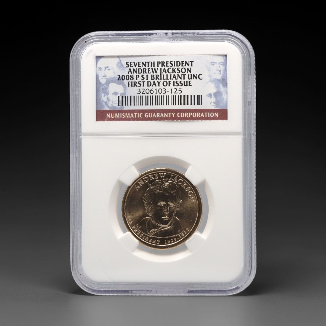 UNITED STATES: Andrew Jackson - Presidential $1 Coin, 2008 P Philadelphia Mint, 26mm, 52ZJ: Issued in 2008 as part of the U.S. Presidential $1 Coin Program, this piece honors Andrew Jackson, the seventh President of the United States. The obverse features a detailed portrait of Jackson, fram