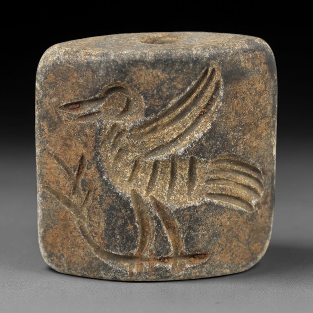 Ancient Schist Double Convex Bead Amulet - Near Eastern Water Bird Intaglio, 79AM: Carved from dark gray schist, this 2.3x2cm double convex bead amulet features two complementary intaglio motifs: each side depicts a standing water bird (likely a duck or ibis) with outstretched wings