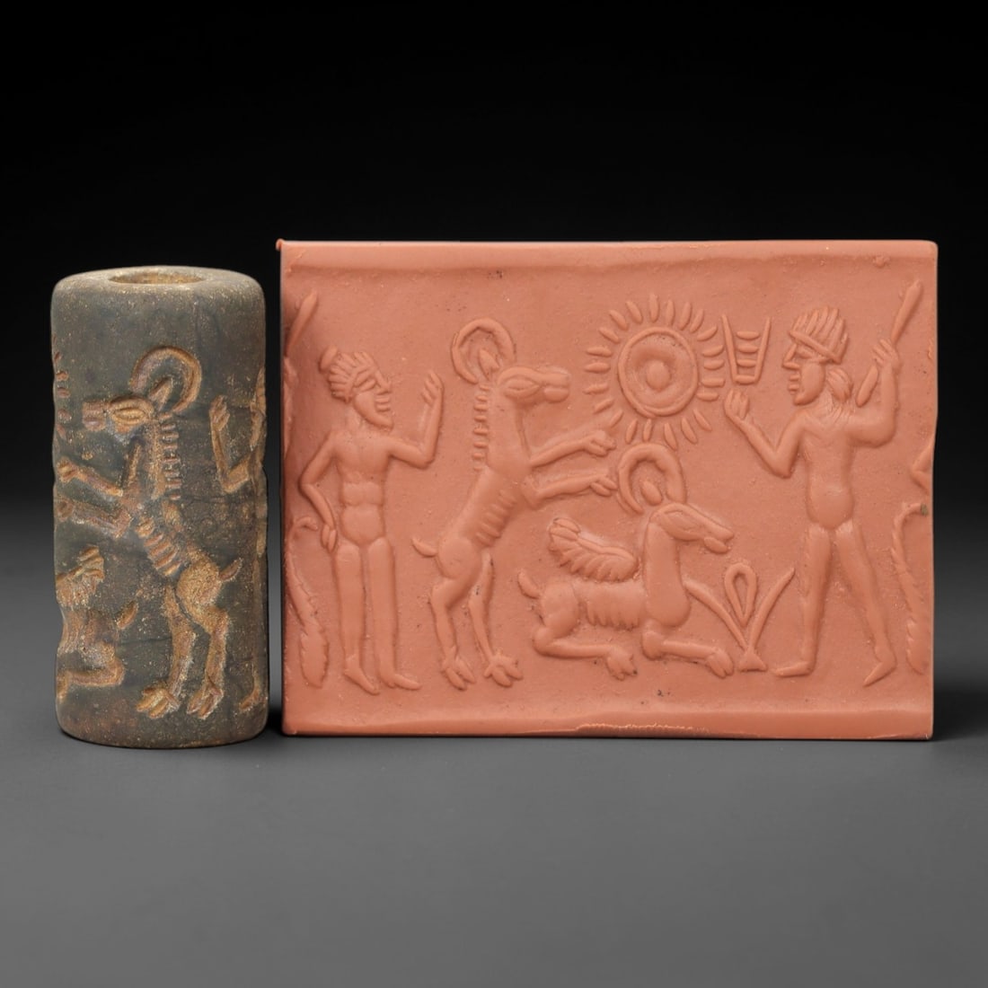 Ancient Steatite Cylinder Seal - Mesopotamian Mythological Scene, 9ZP: Carved from weathered steatite, this ancient Mesopotamian cylinder seal depicts a detailed mythological scene, executed with the precise glyptic craftsmanship characteristic of Mesopotamian Bronze Age