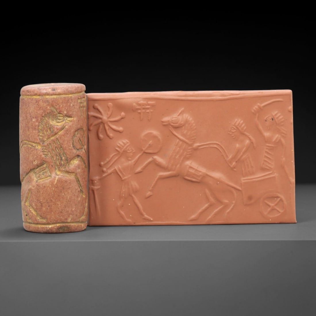 Ancient Steatite Cylinder Seal - Mesopotamian Chariot Combat Scene, 95ZR (1 of 2)
