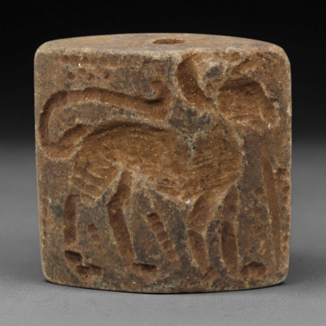 Ancient Steatite Amulet - Near Eastern Double Convex Stamp Seal, 21ZQ: Carved from steatite, this ancient Near Eastern double convex stamp seal features a stylized animal motif with linear detailing, characteristic of early Near Eastern glyptic art. The compact form exhi