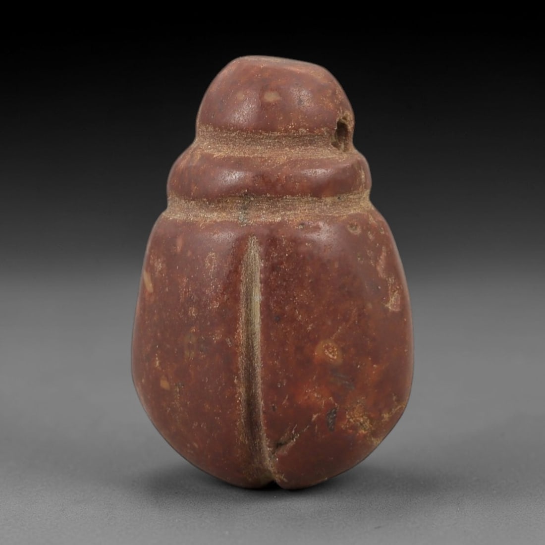Ancient Egyptian Stone Amulet - Carved Fly Figurine, 46AE: Carved from reddish-brown stone, this amulet depicts a stylized fly with incised linear detailing, consistent with ancient Egyptian ritual amulets of the Late Period. The piece features a suspension h