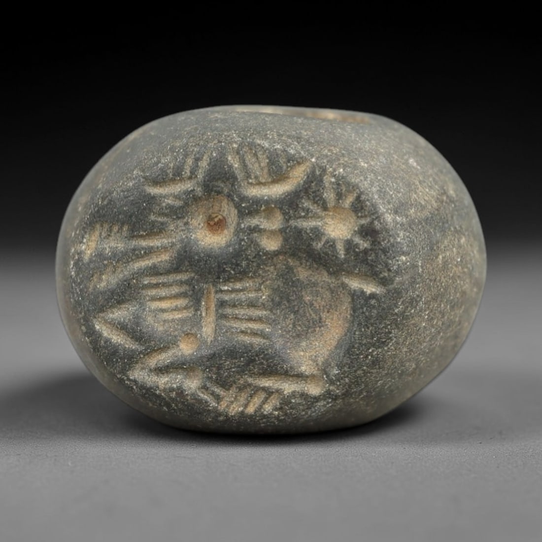 Ancient Stone Hemispherical Stamp Seal - Near Eastern Stag Figure, 31AN: Carved from a dense, dark grey stone, this hemispherical stamp seal features a flat, oval face incised with a stylized stag in profile, accompanied by a radiate sun motif. The stag is rendered with pr