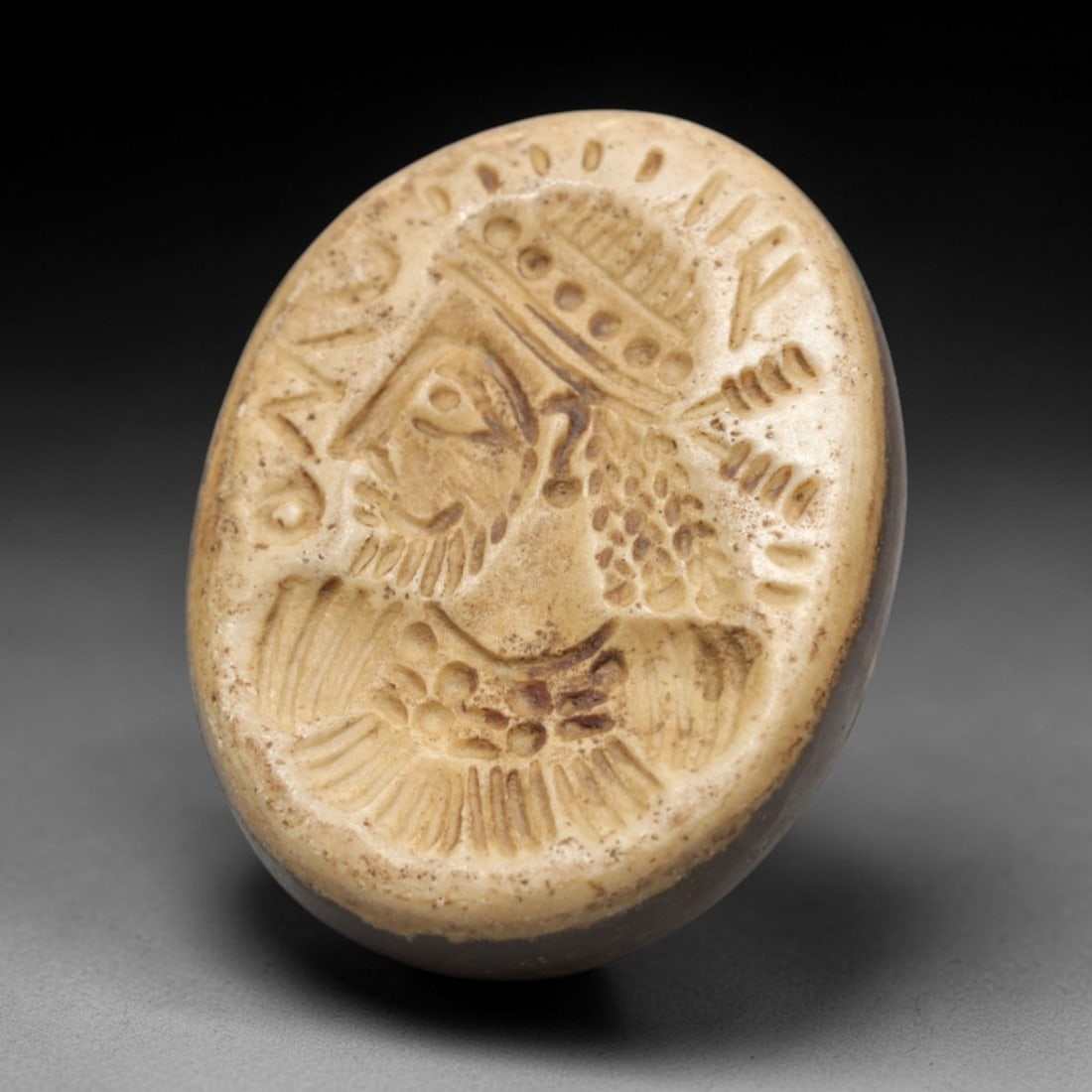 Ancient Agate Intaglio Bead - Near Eastern Crowned Figural Bust with Inscription, 34ZW (1 of 2)