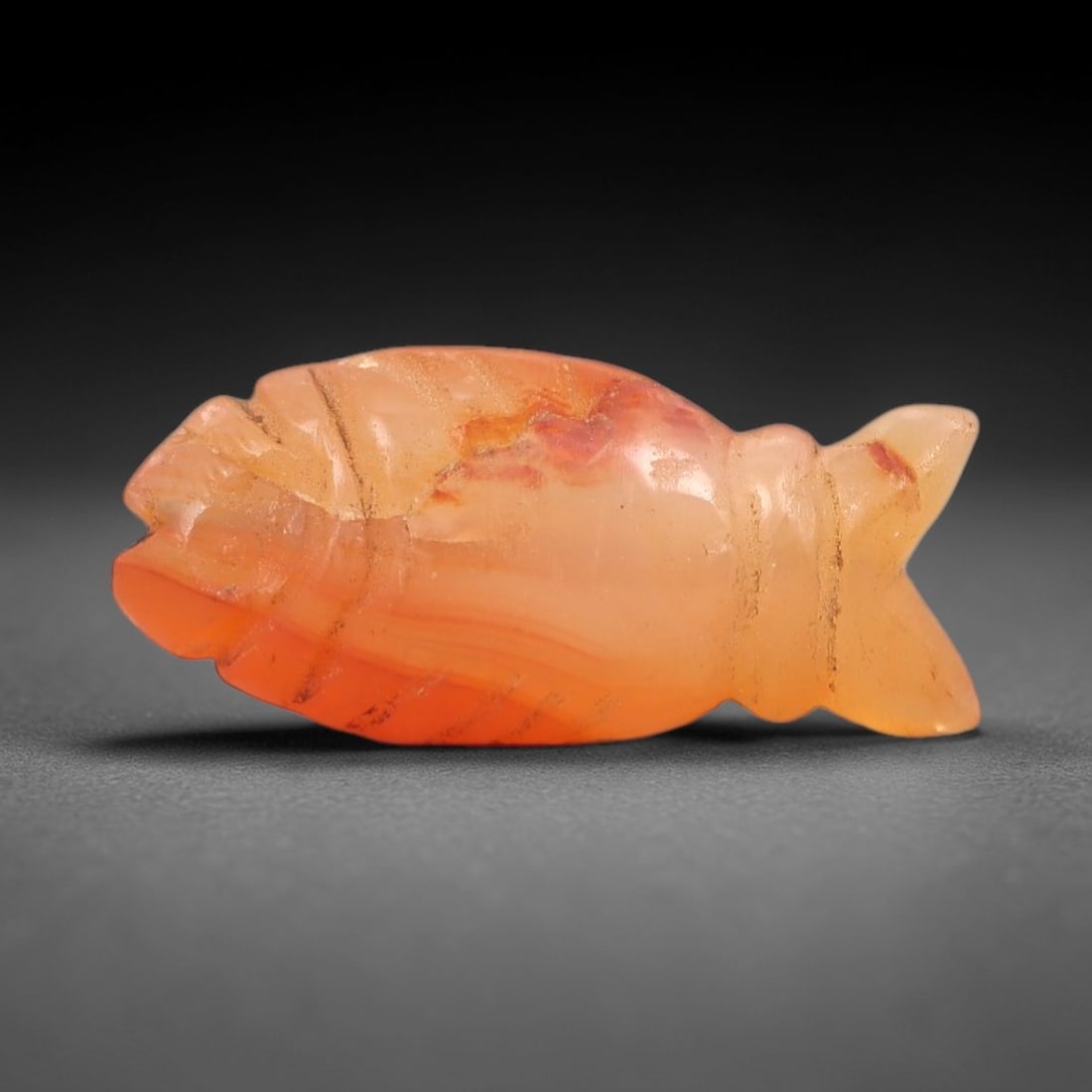 An Egyptian Carnelian Fish Amulet, Late Period, 664-332 BCE, 44XS: Carved from translucent orange-red carnelian with natural banding and subtle inclusions, the amulet is formed as a stylized fish in horizontal orientation. The body is elongated and rounded, with inci