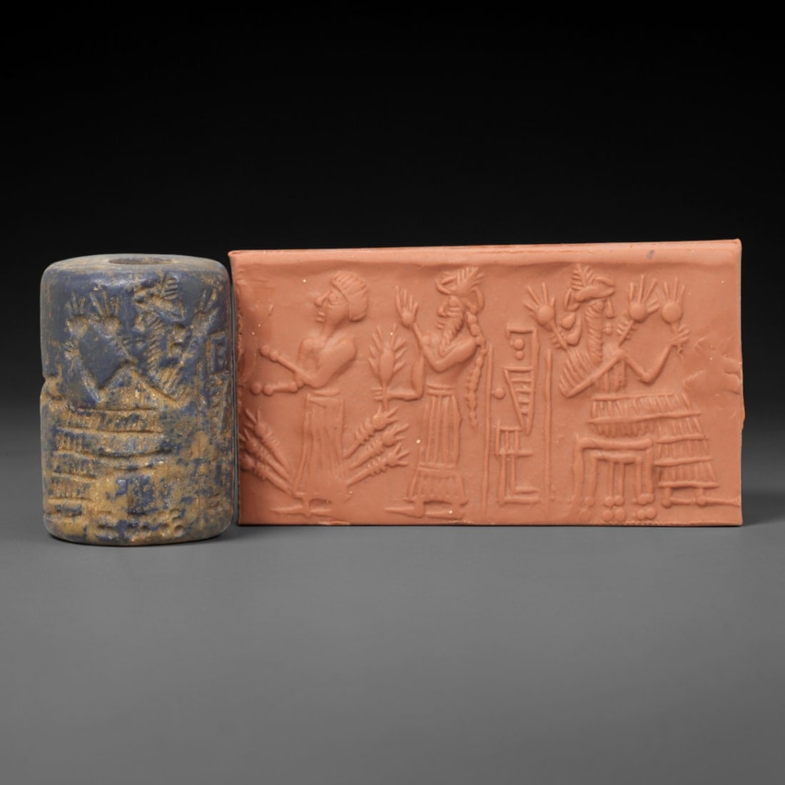 Ancient Lapis Lazuli Cylinder Seal - Mesopotamian Royal Agricultural Ritual Scene, 4ZP: Carved from deep, rich blue lapis lazuli with natural golden pyrite inclusions, this ancient cylinder seal depicts a solemn royal agricultural ritual scene, executed with meticulous glyptic craftsmans