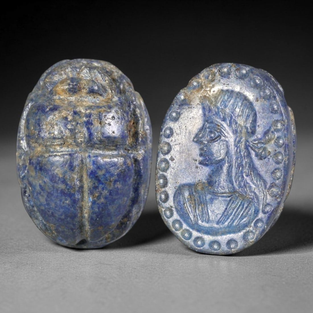 Ancient Lapis Lazuli Scarab - Near Eastern Figural Seal, 77AS: This artifact is hand-carved from lapis lazuli, employing traditional ancient lapidary techniques consistent with Near Eastern Bronze Age seal craftsmanship. The object takes the form of a scarab beet