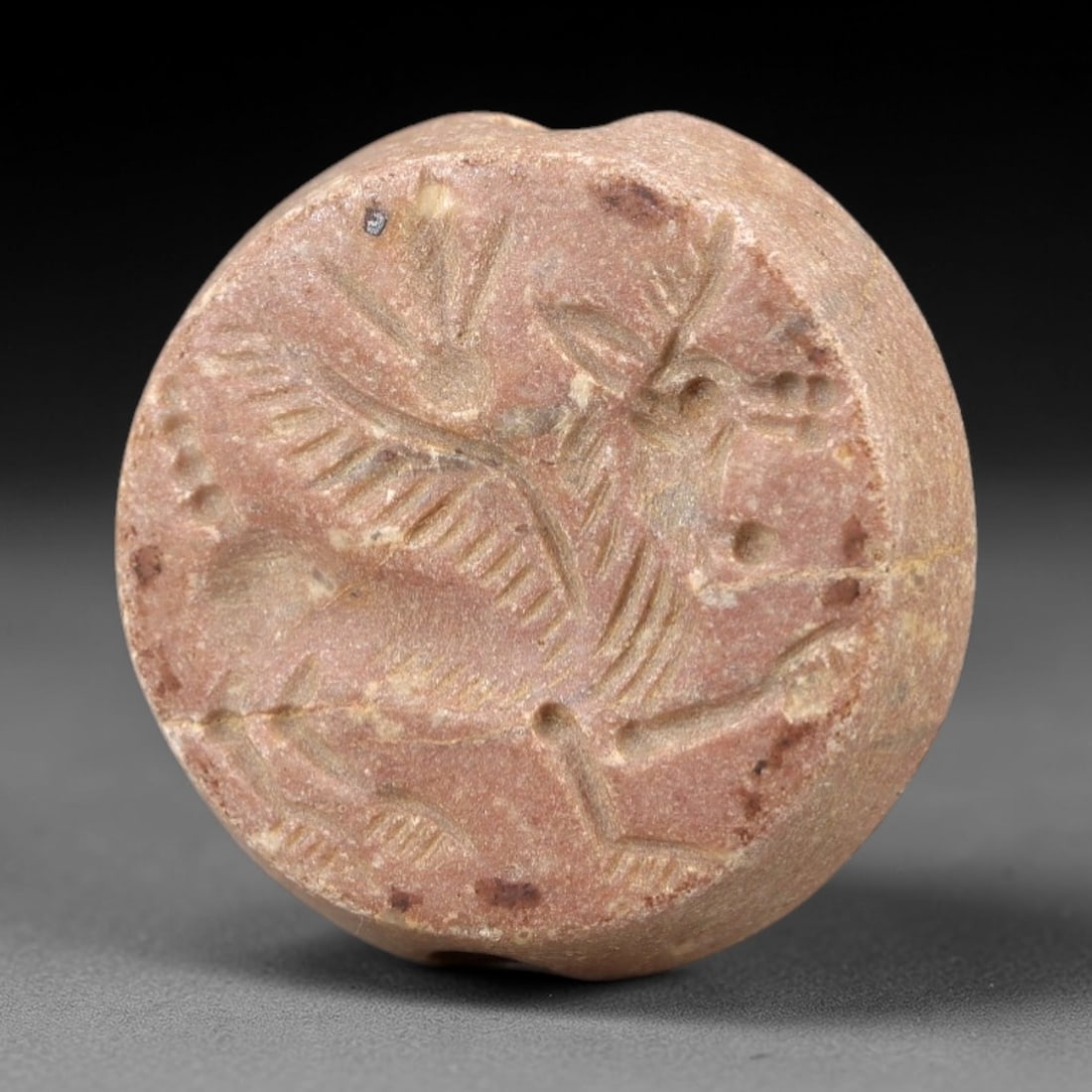 Ancient Steatite Zoomorphic Intaglio Bead - Near Eastern Protective Amulet, 75AM: Carved from reddish-brown steatite, this 2cm circular intaglio bead features a deeply incised zoomorphic motif (likely a winged ibex or mythical beast), with linear details defining the creature's win
