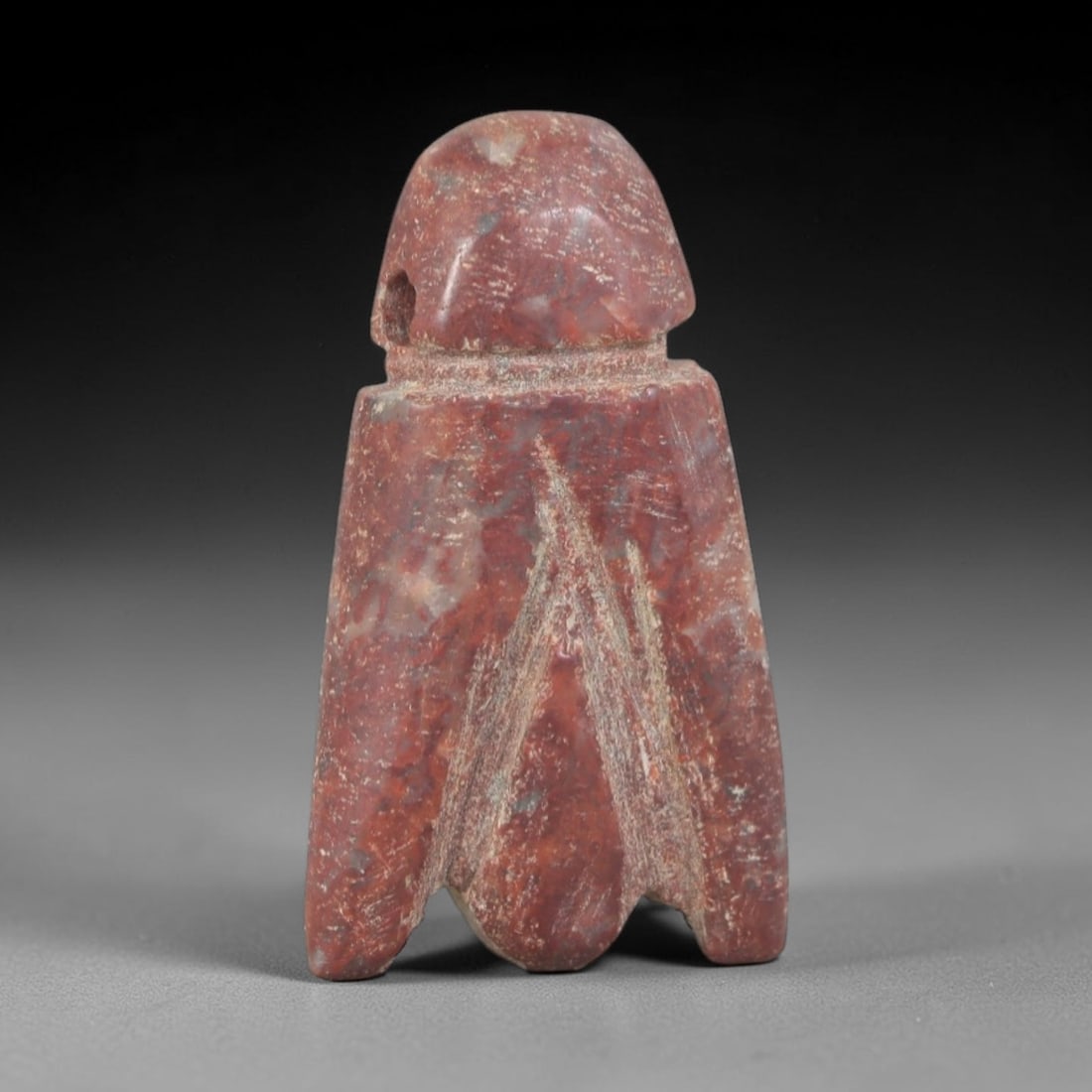 Ancient Stone Fly Amulet - Egyptian Ritual Pendant, 51AP: This artifact is carved from variegated red stone with a weathered, earthy patina and subtle mineral inclusions, exhibiting stylized insectoid detailing consistent with ancient Egyptian stoneworking t