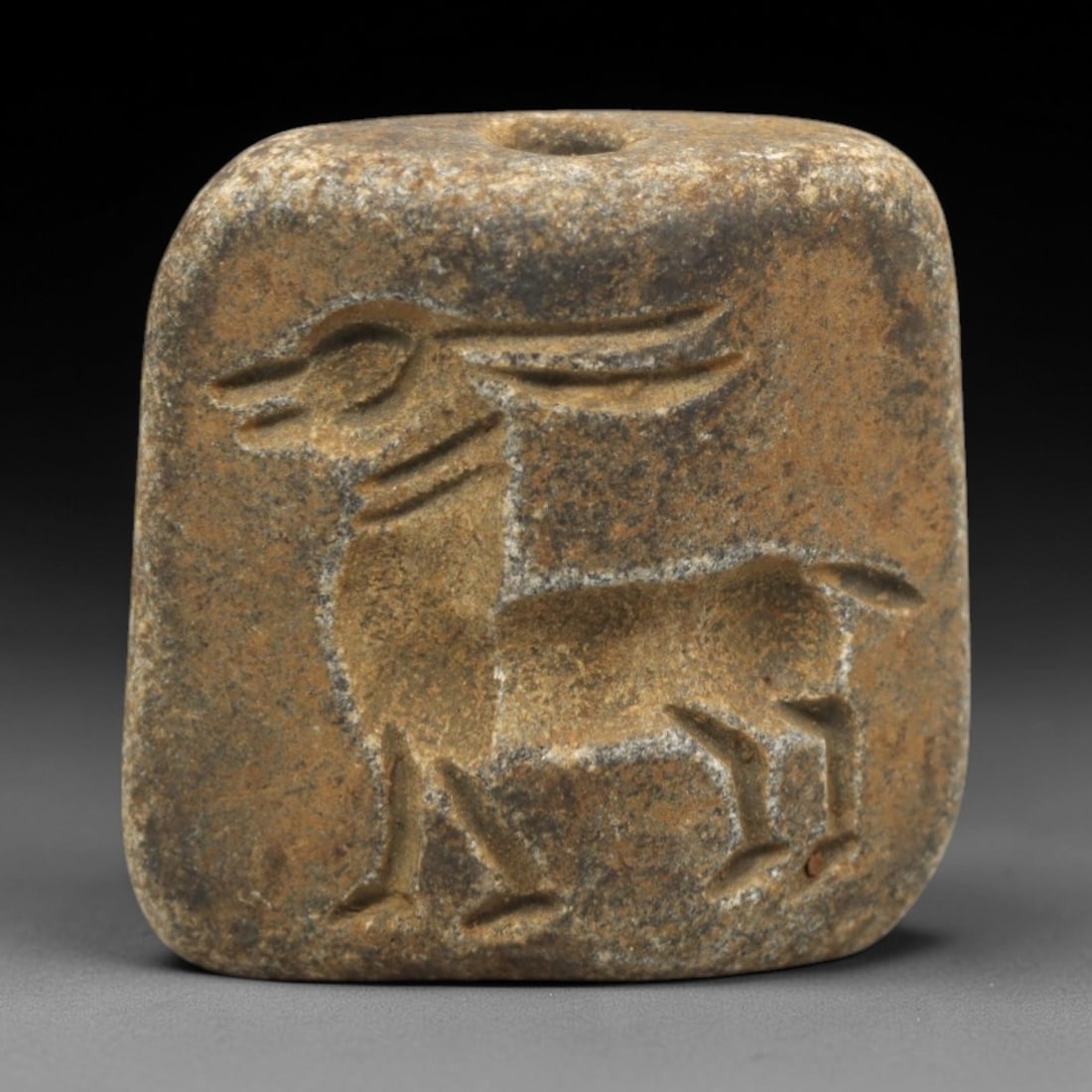 Ancient Schist Double Convex Intaglio Bead Amulet - Near Eastern Ibex Motif, 32ZS: This ancient Near Eastern double convex intaglio bead amulet is carved from dense, weathered schist, with a muted, earthy patina indicative of long-term burial. The single bead features two distinct i