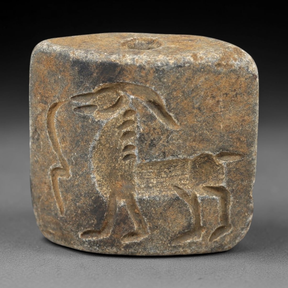 Ancient Schist Double Convex Bead Amulet - Near Eastern Composite Beast Intaglio, 68AM: Carved from dark gray schist, this 2.5x2cm double convex bead amulet features two distinct intaglio motifs: one side depicts a horned composite beast (likely an ibex or mythical caprine) with incised