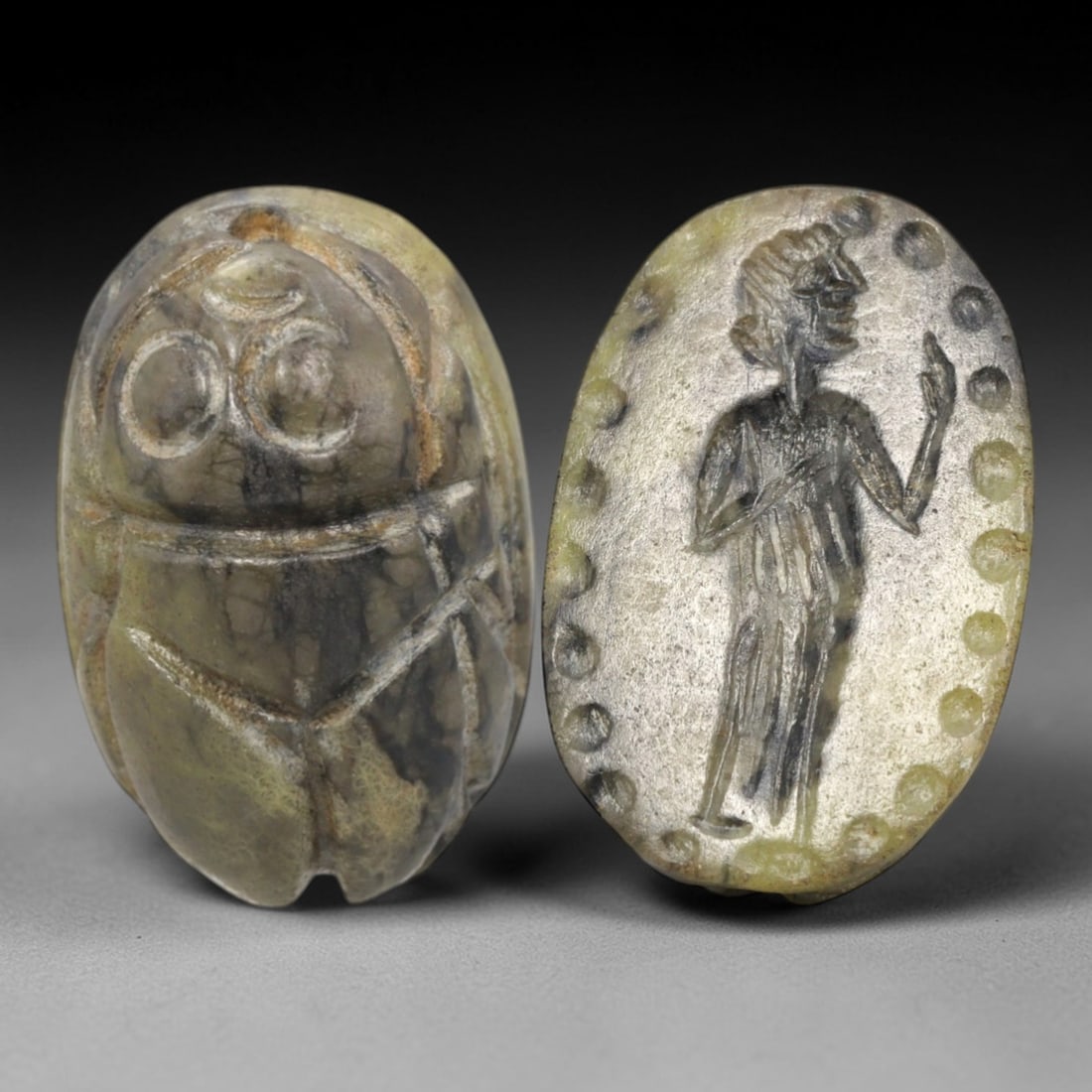 Ancient Serpentine Scarab - Near Eastern Figural Seal, 23XT: This artifact is hand-carved from serpentine stone, utilizing traditional ancient seal craftsmanship consistent with Near Eastern or Phoenician Iron Age traditions. The object takes the form of a scar