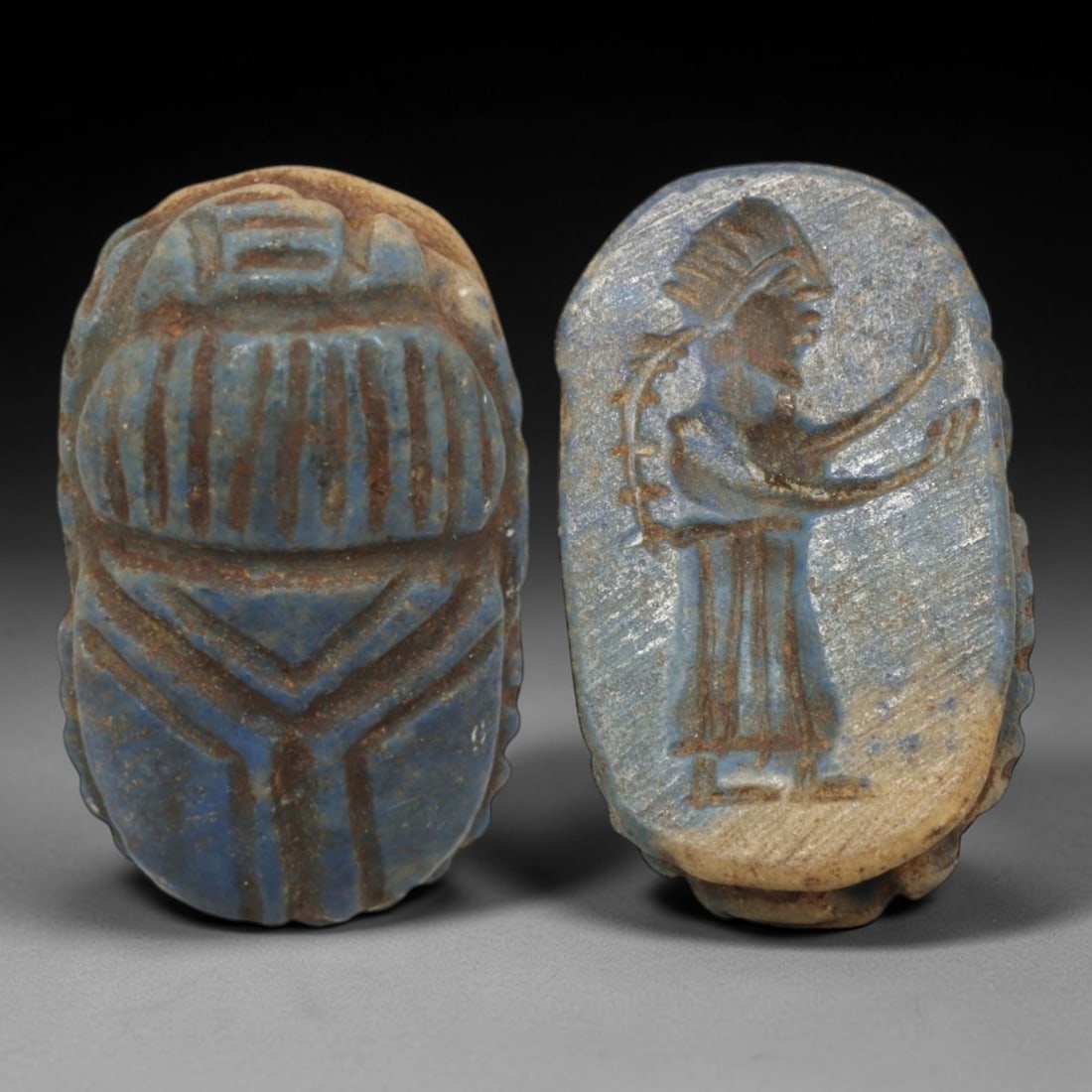 Ancient Lapis Lazuli Scarab - Near Eastern Figural Seal, 36XT: This artifact is hand-carved from lapis lazuli, utilizing traditional ancient lapidary techniques consistent with Near Eastern Bronze Age seal craftsmanship. The object takes the form of a scarab beet