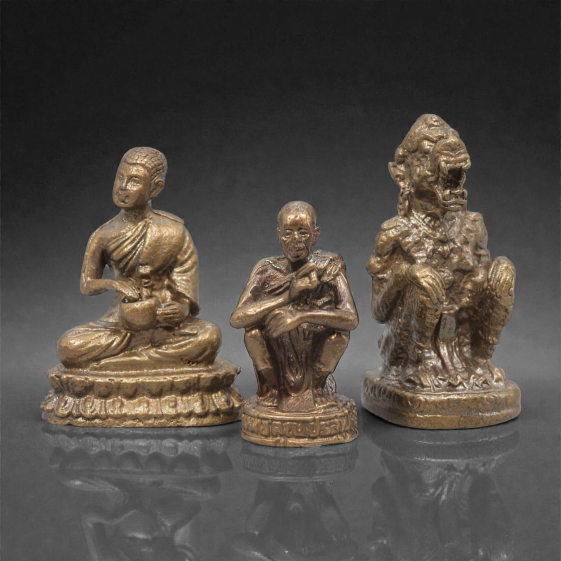 Three Thai Bronze Monk and Mythical Beast Miniature Figures, 20th Century, 24ZH (1 of 1)