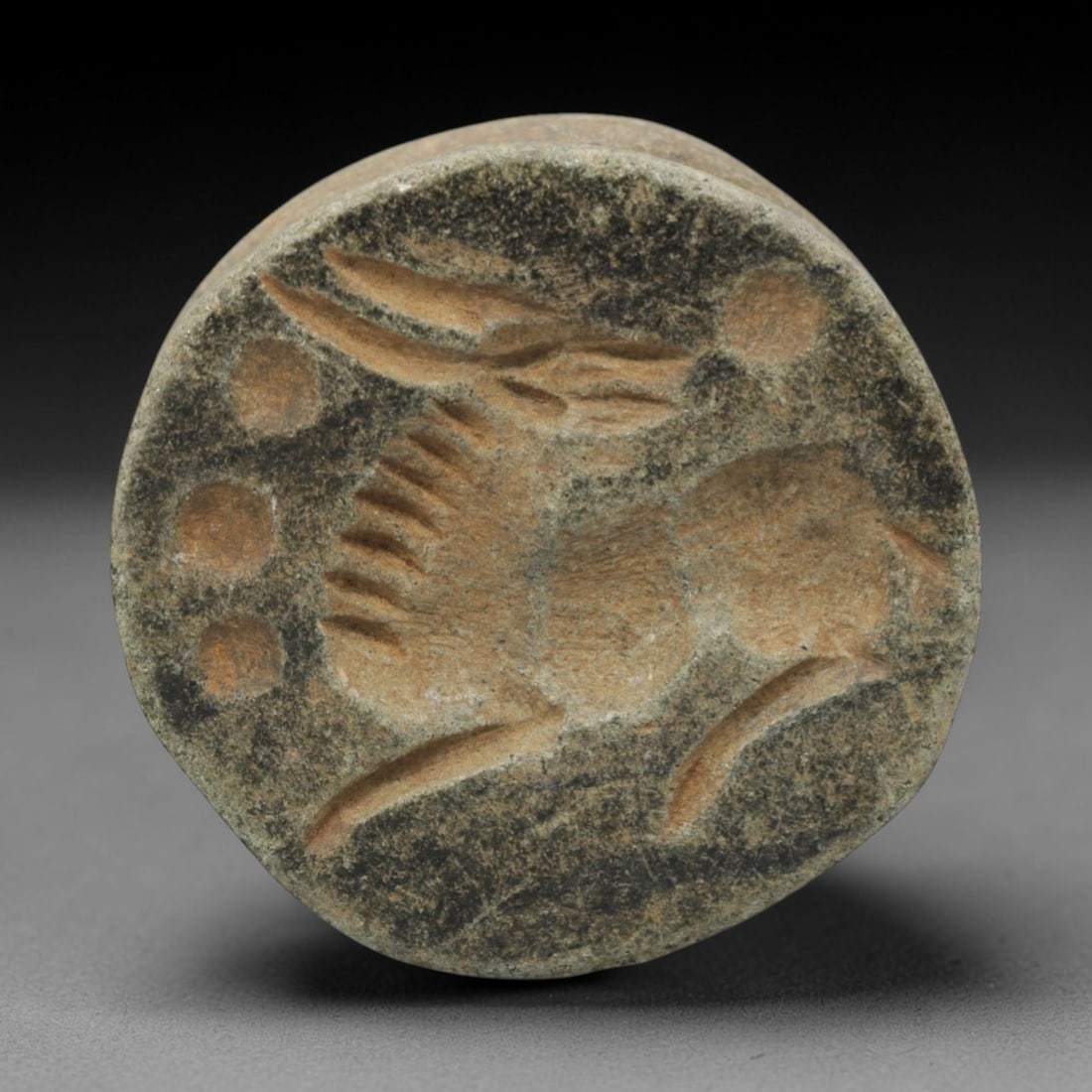 Ancient Schist Double-Convex Seal - Near Eastern Animal Motif, 27ZQ: Carved from schist stone, this ancient Near Eastern double-convex seal bead features a raised relief animal motif with linear detailing on the convex surface, typical of small administrative or ritual