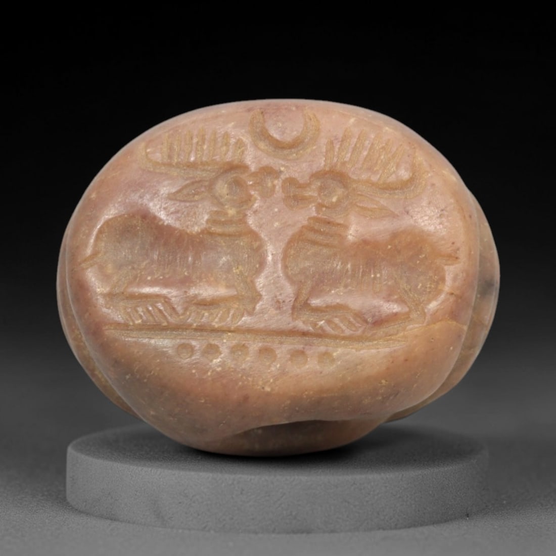 Ancient Stone Hemispherical Stamp Seal - Near Eastern Stag Pair, 48ZP: Crafted from a fine-grained, pinkish stone, this hemispherical stamp seal bears a deeply incised composition featuring two symmetrically opposed stags, rendered in linear relief with detailed antlers,