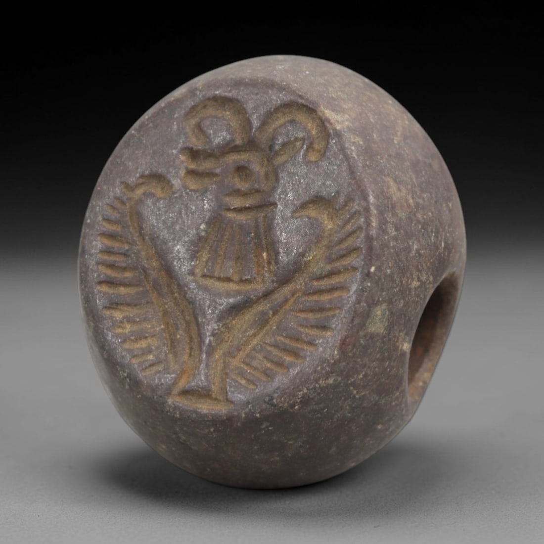Ancient Steatite Stamp Seal - Sasanian Winged Gazelle, 49AK: Carved from steatite, this hemispherical Sasanian stamp seal features a central winged gazelle motif with stylized curved horns, feathered wings, and a simplified body, consistent with Sasanian glypti