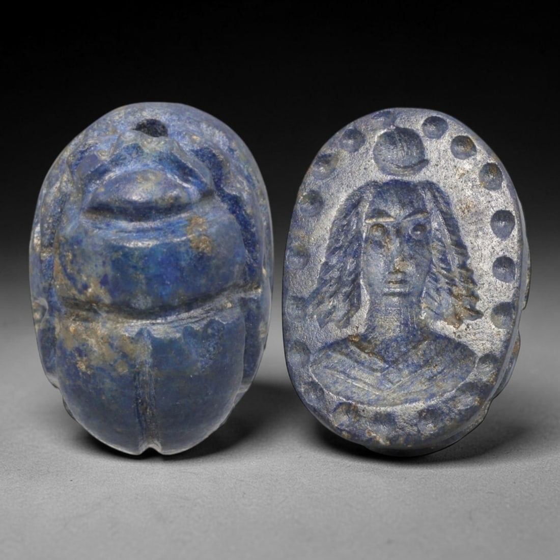 Ancient Lapis Lazuli Scarab - Near Eastern Figural Seal, 21XT: This artifact is hand-carved from lapis lazuli, employing traditional ancient lapidary techniques consistent with Near Eastern Bronze Age seal craftsmanship. The object takes the form of a scarab beet