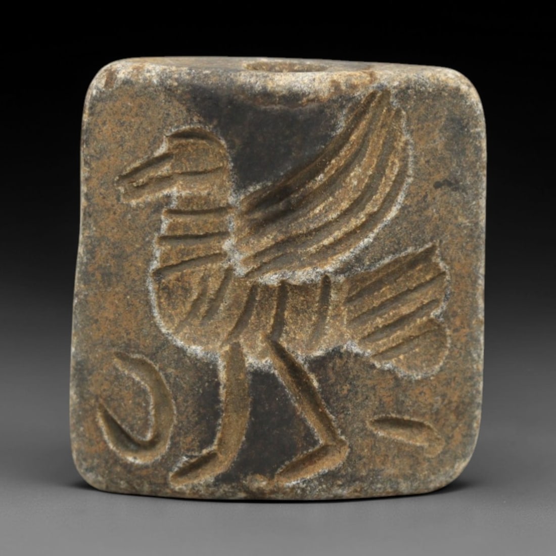 Ancient Schist Double Convex Intaglio Bead Amulet - Near Eastern Avian Motif, 28ZS: This ancient Near Eastern double convex intaglio bead amulet is carved from dense, weathered schist, with a muted, earthy patina indicative of long-term burial. The single bead features two distinct i