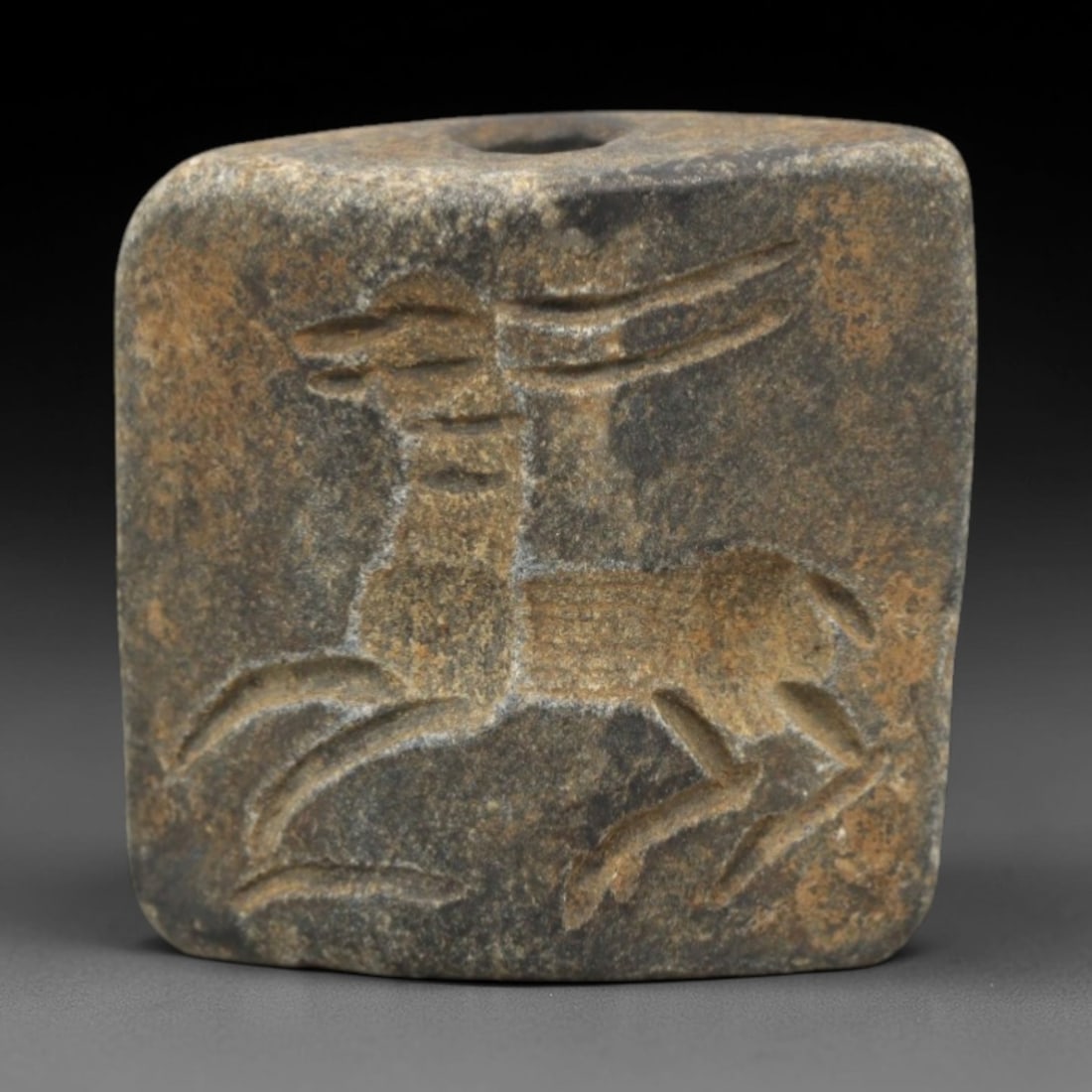 Ancient Schist Double Convex Intaglio Bead Amulet - Near Eastern Ibex Motif, 8ZS: This ancient Near Eastern double convex intaglio bead amulet is carved from dense, weathered schist, with a muted, earthy patina indicative of long-term burial. The single bead features two distinct i