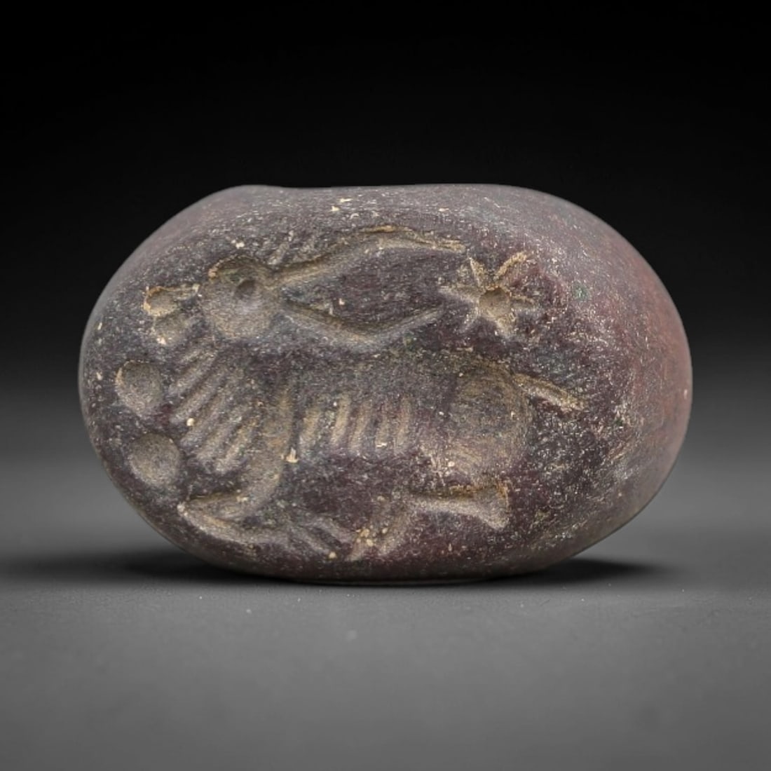 Ancient Stone Hemispherical Stamp Seal - Near Eastern Bird Figure, 35AN: Carved from a dense, dark reddish-brown stone, this hemispherical stamp seal features a flat, oval face incised with a stylized bird figure in profile. The bird is depicted with detailed plumage on it