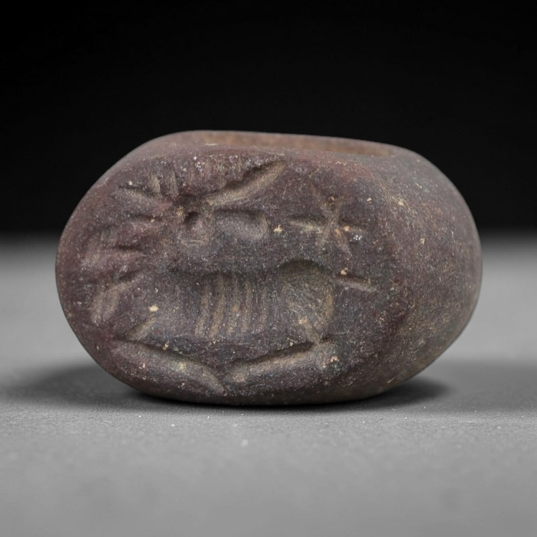 Ancient Stone Hemispherical Stamp Seal - Near Eastern Stag Figure, 86AN: Carved from a dense, dark reddish-brown stone, this hemispherical stamp seal features a flat, oval face incised with a stylized stag in profile. The stag is rendered with prominent antlers, linear det