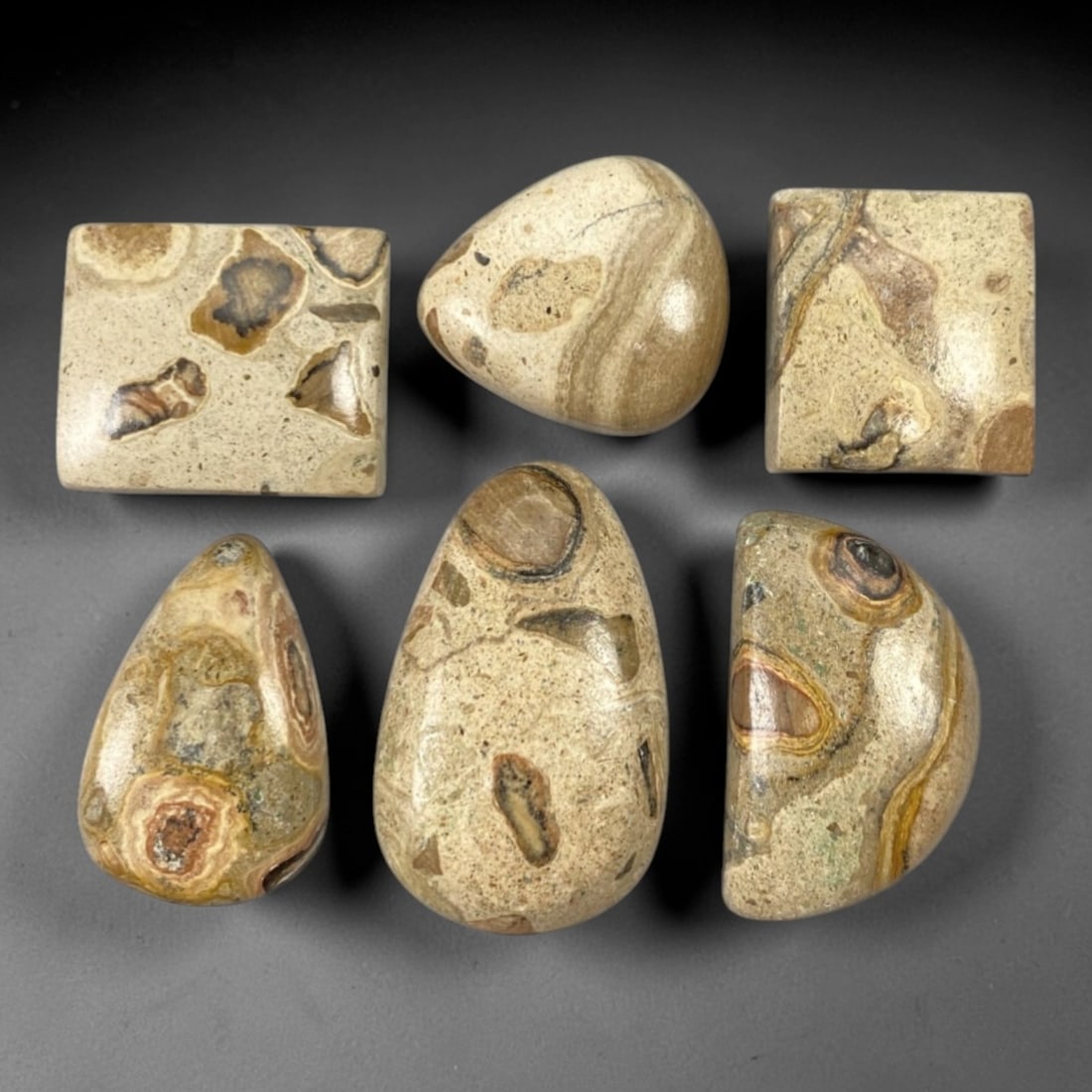 189.20 Carats Orbicular Jasper Cabochon Parcel - Natural Loose Gemstones, 98ZL: This curated parcel of six orbicular jasper cabochons, weighing a total of 189.20 carats with individual dimensions ranging from 2.2 to 2.4 cm, showcases the gemstone's iconic "eye-like" or "orbicular