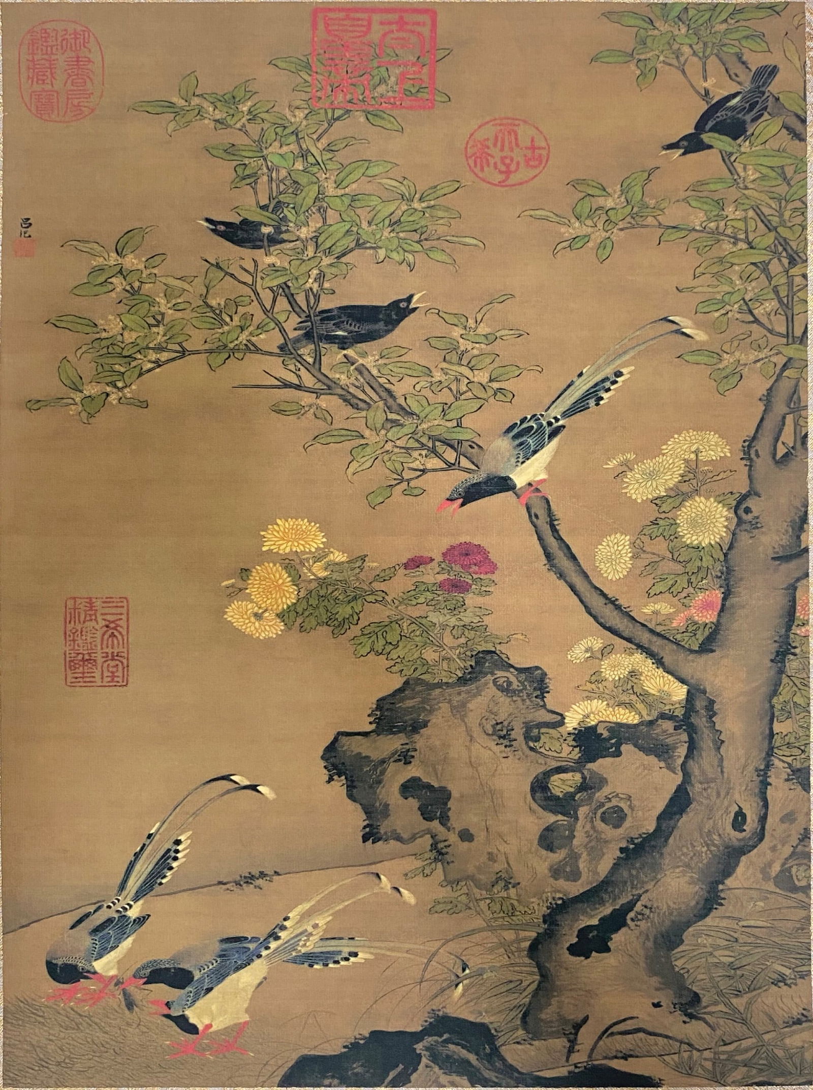 A Chinese Ink and Color Art Print, Birds and Chrysanthemums, 20th Century, 12FV: Printed on a warm, aged silk or paper ground, the composition depicts a group of birds in a garden setting, rendered in the traditional bird-and-flower painting style. Three black birds with white bea