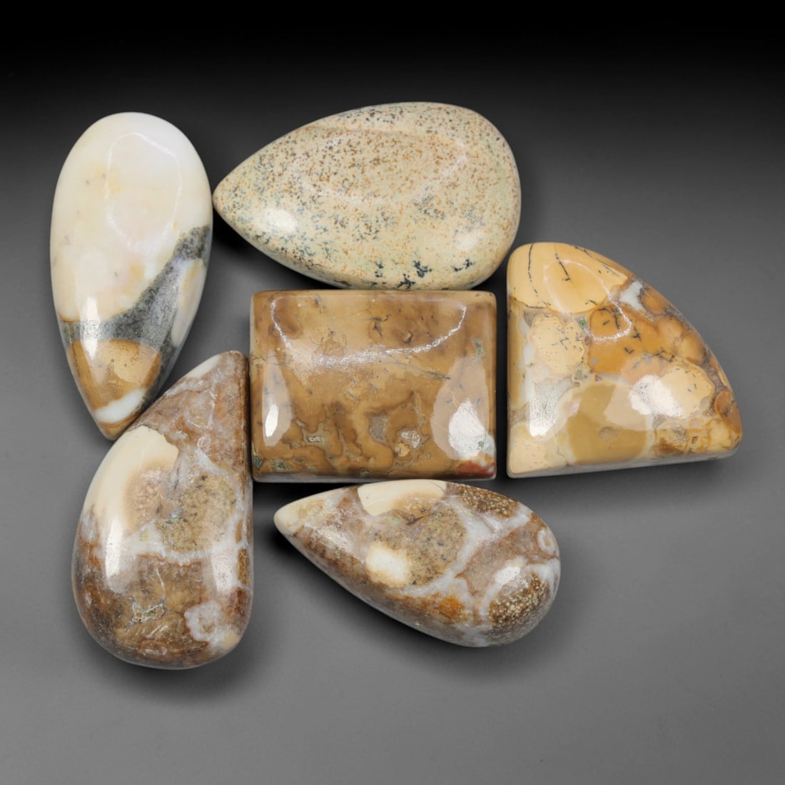 233.65 Carats Natural Jasper Parcel - Mixed Origins, 96ZL: This curated parcel of 6 loose jasper cabochons, ranging from 2.5 to 3.3 cm in size, showcases the earthy, organic beauty of natural jasper in a variety of warm, earth-toned patterns and shapes. Polis