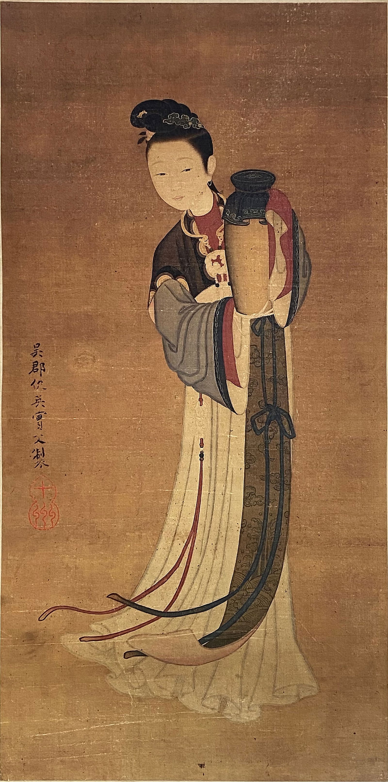 A Chinese Ink and Color Art Print of a Court Lady with a Vase, 20th Century, 14FK: Produced using fine art printing processes on aged paper stock, the work is an ink and color art print executed in the traditional Chinese figure painting idiom. The composition features a standing co