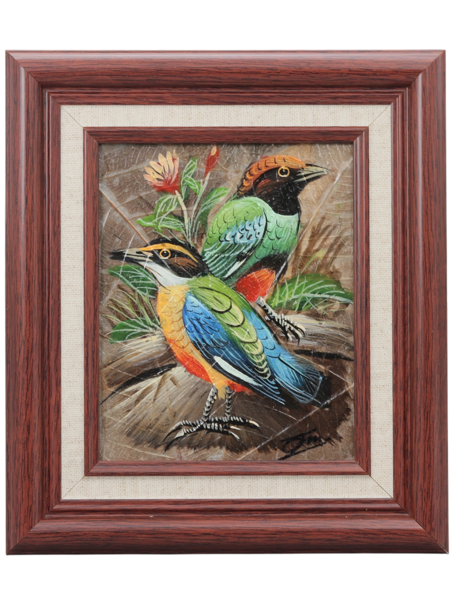 An Australian Mixed Media Painting of Pitta Birds, Late 20th Century, 48ZG: Executed in oil paint on a background of pressed, dried leaves, the work depicts two pitta birds perched on a textured earthen ground, surrounded by stylized native foliage and flowering buds. The bir