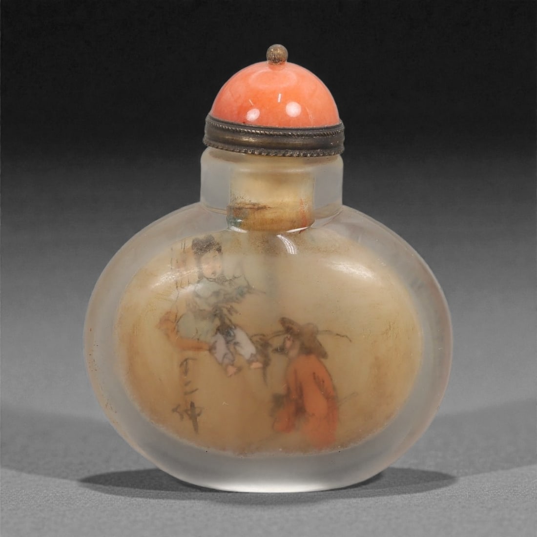 A Chinese Glass Inside-Painted Snuff Bottle, 20th Century, 43FG: The snuff bottle is formed from translucent glass with a flattened rounded body, a short cylindrical neck, and a gently recessed circular foot. The exterior has a softly frosted surface, allowing the