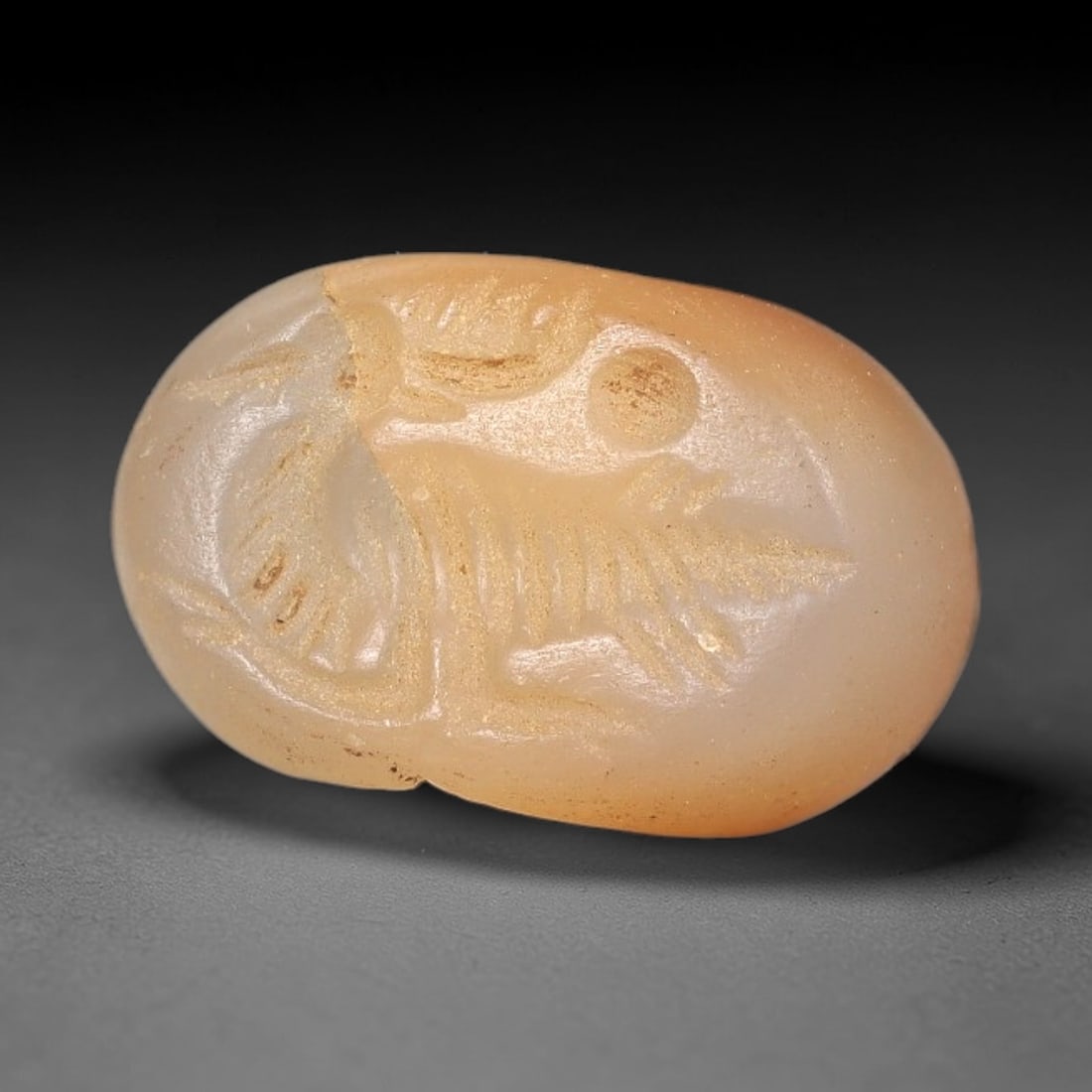 Ancient Near Eastern Chalcedony Hemispherical Stamp Seal - Lion & Solar Disc Motif Artifact, 91AM: This artifact is a hemispherical chalcedony stamp seal, executed in the classic glyptic tradition of the ancient Near East. The face features a striding lion alongside a solar disc motif, embodying th