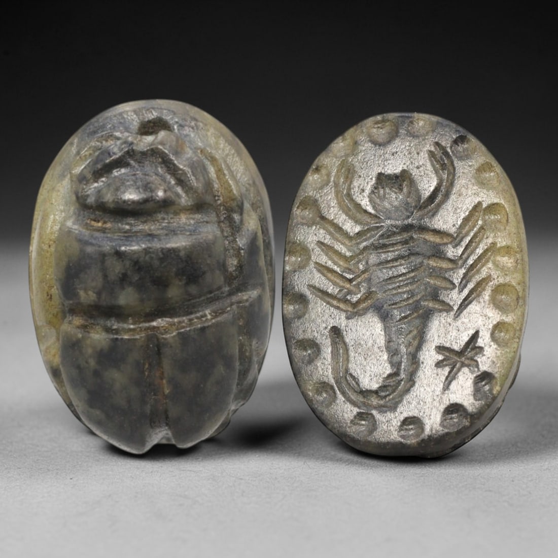 Ancient Serpentine Scarab - Near Eastern Scorpion Zoomorphic Seal, 32XT: This artifact is hand-carved from serpentine stone, utilizing traditional ancient seal craftsmanship consistent with Near Eastern or Phoenician Iron Age traditions. The object takes the form of a scar