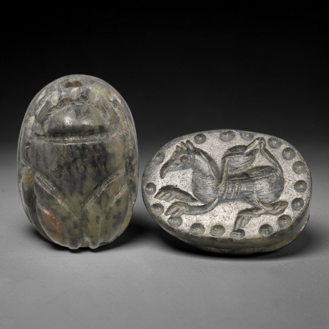 Ancient Serpentine Scarab - Near Eastern Hippocampus Zoomorphic Seal, 31XT: This artifact is hand-carved from serpentine stone, utilizing traditional ancient seal craftsmanship consistent with Near Eastern or Phoenician Iron Age traditions. The object takes the form of a scar