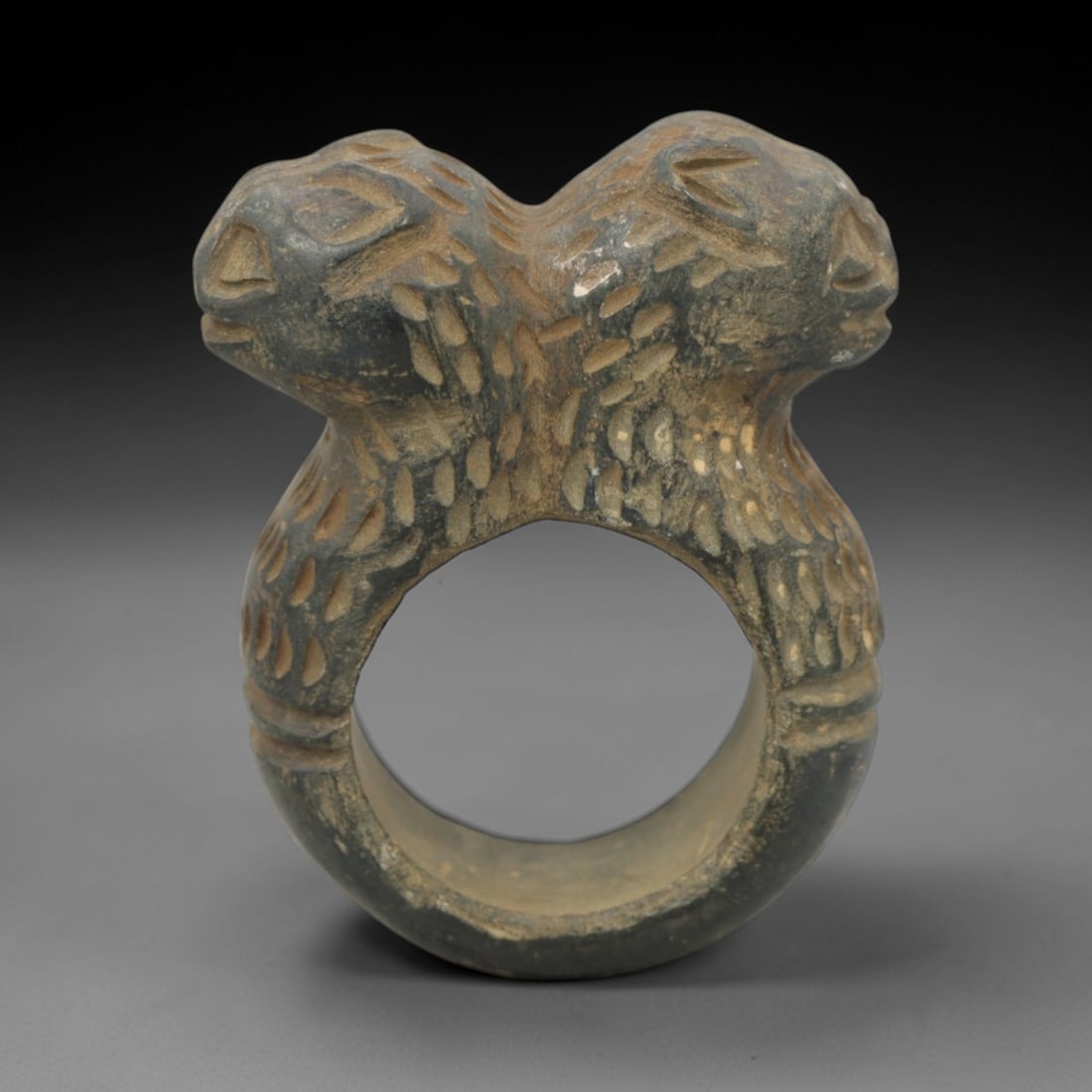 Ancient Steatite Ring - Achaemenid Double Feline Signet Ring, 37ZQ: Carved from steatite, this ancient Achaemenid ring features a double feline head motif with linear detailing, characteristic of Achaemenid glyptic art. The ring exhibits a smooth, aged patina consiste