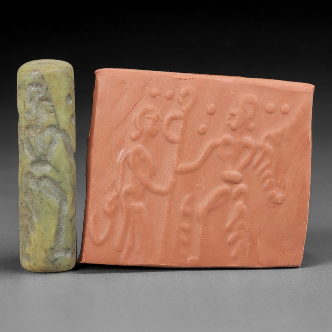 Ancient Serpentine Cylinder Seal - Mesopotamian, 81FX: Carved from serpentine, this cylinder seal follows the classic cylindrical form of ancient Mesopotamian administrative and ritual artifacts. Attributed to the Bronze Age Mesopotamian cultures, this se