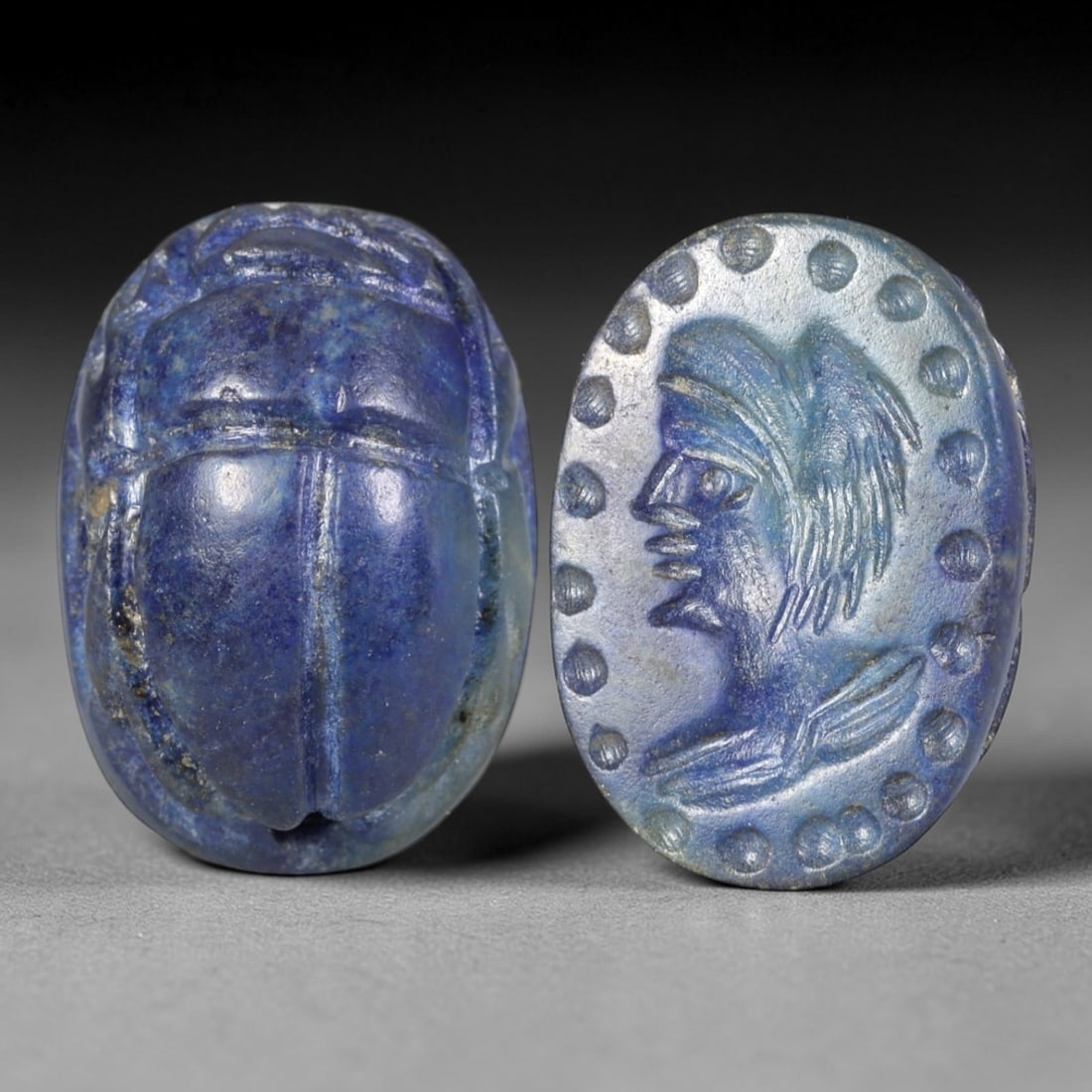 Ancient Lapis Lazuli Scarab - Near Eastern Figural Seal, 58AS: This artifact is hand-carved from lapis lazuli, utilizing traditional ancient lapidary techniques consistent with Near Eastern Bronze Age seal craftsmanship. The object takes the form of a scarab beet
