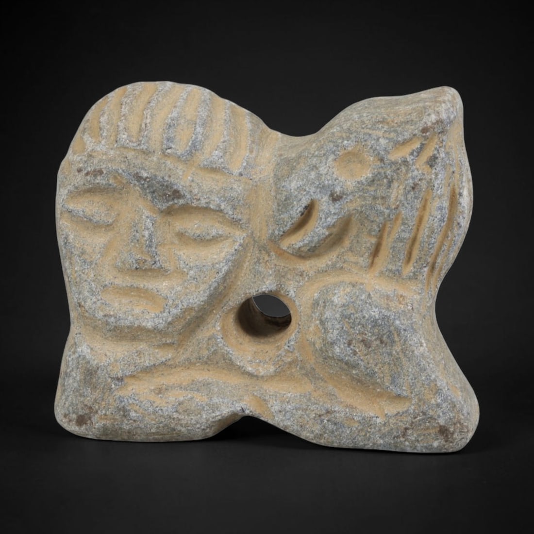 Ancient Schist Human & Animal Amulet - Near Eastern Carved Pendant, 71FY: Carved from schist, this amulet features a three-dimensional, stylized dual figural composition: a human face in relief on the left, paired with a zoomorphic (likely feline or avian) form on the right