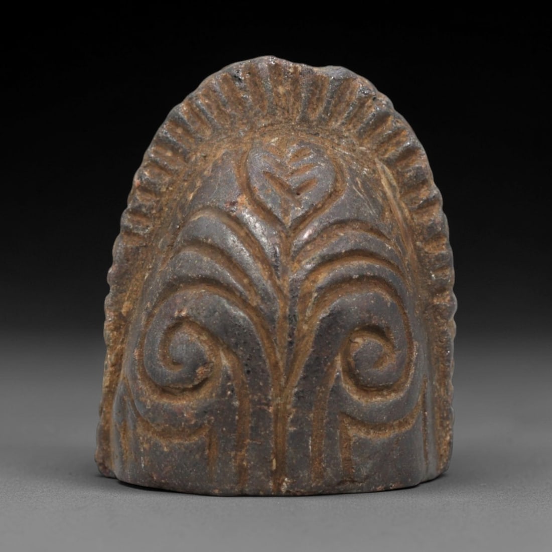 Ancient Stone Floral Weight - South Asian Decorative Artifact, 20ZR: This artifact is a carved stone weight, executed in the ornate floral decorative tradition of ancient South Asia. The face features a symmetrical, stylized plant motif: a central leafy stem flanked by
